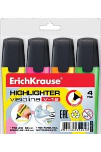 Текстмаркер ErichKrause® Visioline V-12, цвет чернил: желтый, розовый, оранжевый, зеленый (в футляре по 4 шт.)